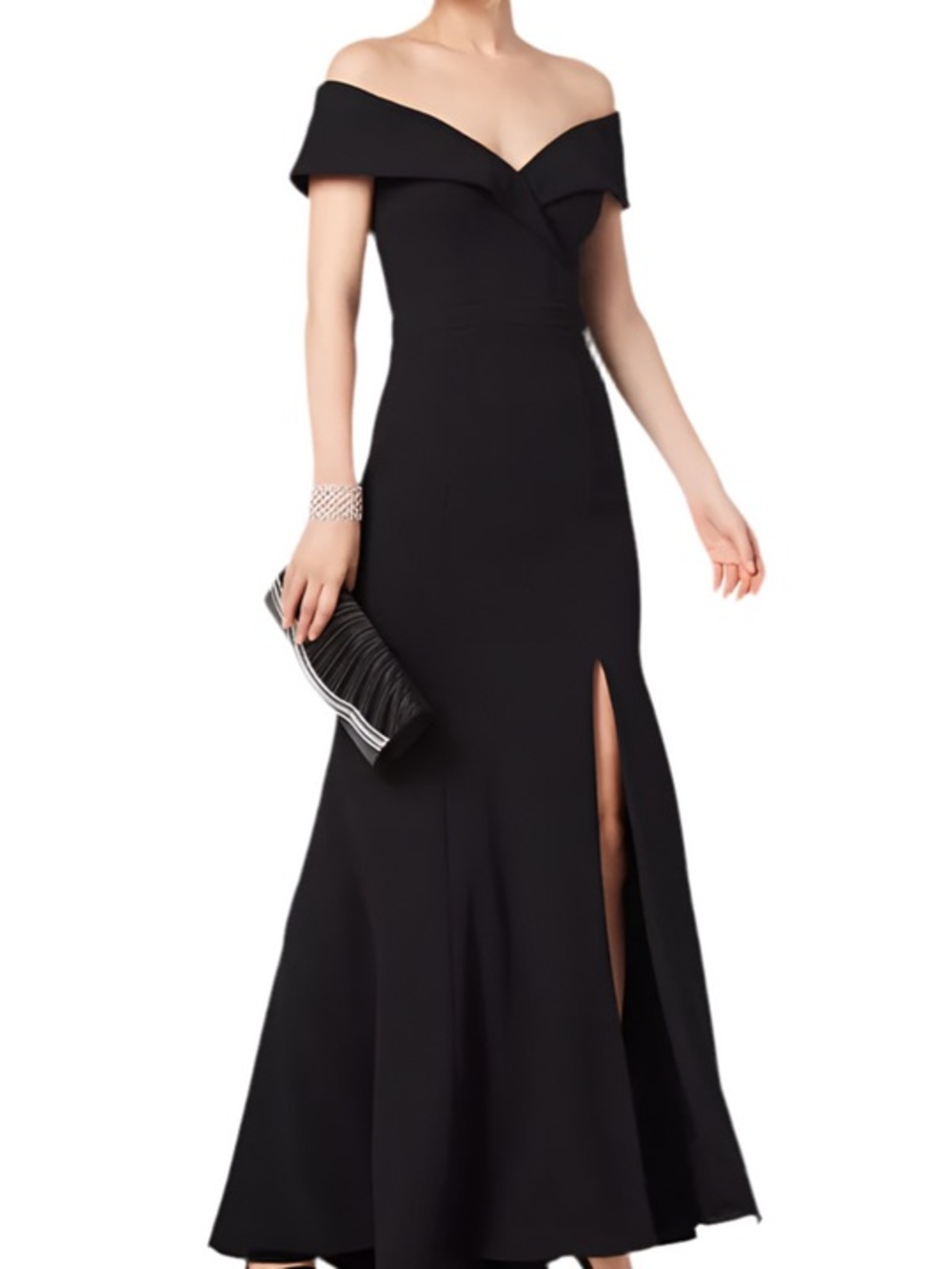 Xscape Black Off-Shoulder Evening Gown with Front Slit